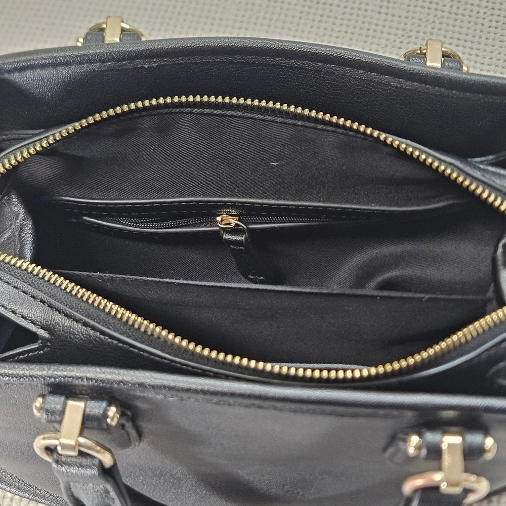 Nine West Black Pebbled Faux Leather Satchel Bag Gold Hardware Three Compartment